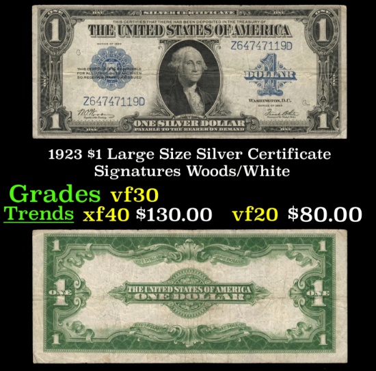 1923 $1 large size Silver Certificate Grades vf++ Signatures Woods/White