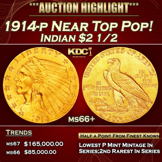 1914-p Gold Indian Quarter Eagle Near Top Pop! $2 1/2 ms66+ USCG