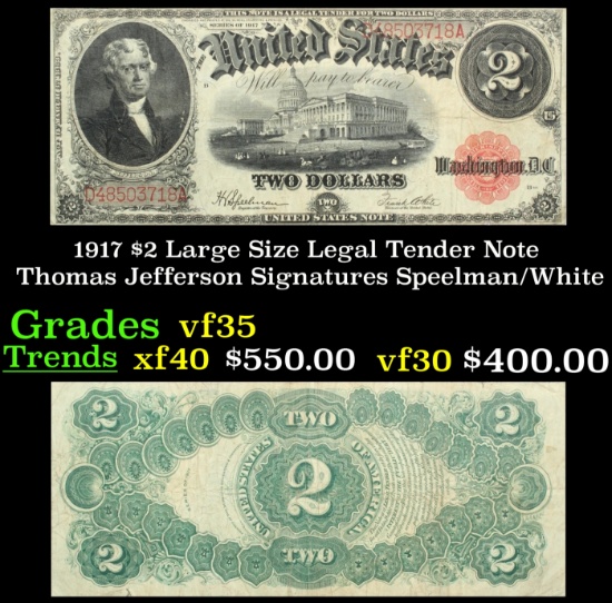 1917 $2 Large Size Legal Tender Note Thomas Jefferson Grades vf++ Signatures Speelman/White