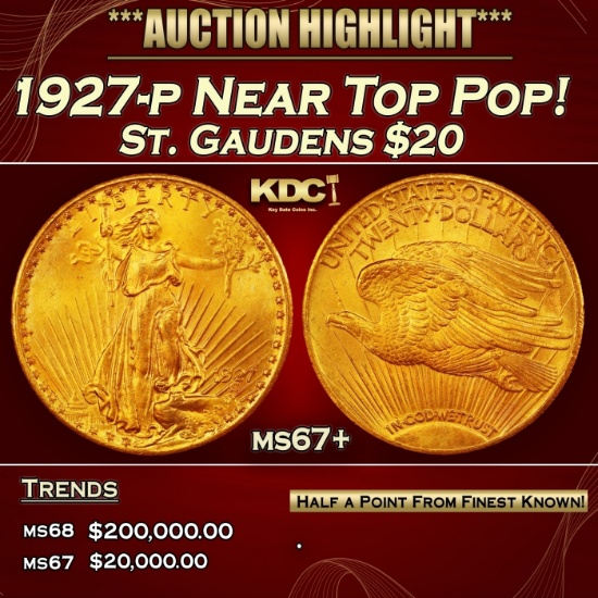 1927-p Gold St. Gaudens Double Eagle Near Top Pop! $20 ms67+ SEGS
