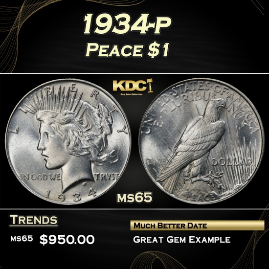 1934-p Peace Dollar $1 Grades ms65