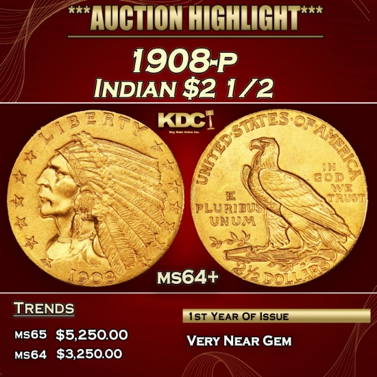 1908-p Gold Indian Quarter Eagle $2 1/2 ms64+ SEGS