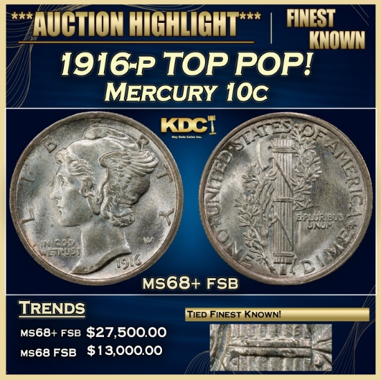 1916-p Mercury Dime TOP POP! 10c ms68+ fsb SEGS