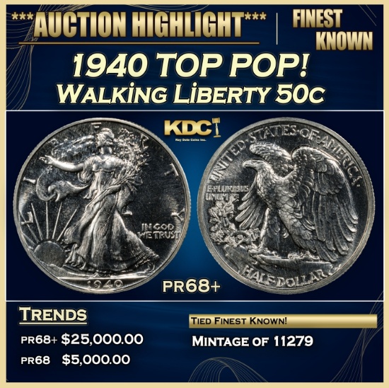 1940 Proof Walking Liberty Half Dollar TOP POP! 50c pr68+ SEGS