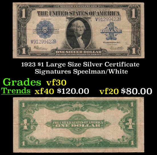 1923 $1 large size Silver Certificate Grades vf++ Signatures Speelman/White