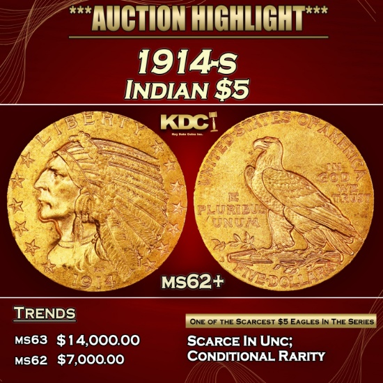 1914-s Gold Indian Half Eagle $5 ms62+ USCG
