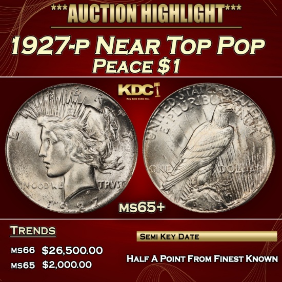 1927-p Peace Dollar Near Top Pop $1 ms65+ SEGS