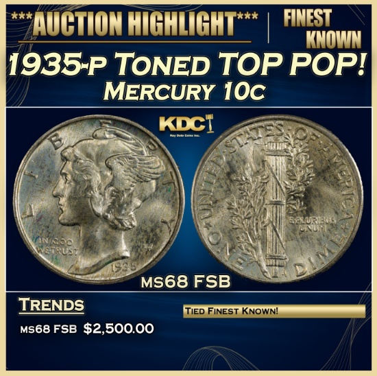 1935-p Mercury Dime Toned TOP POP! 10c ms68 FSB SEGS