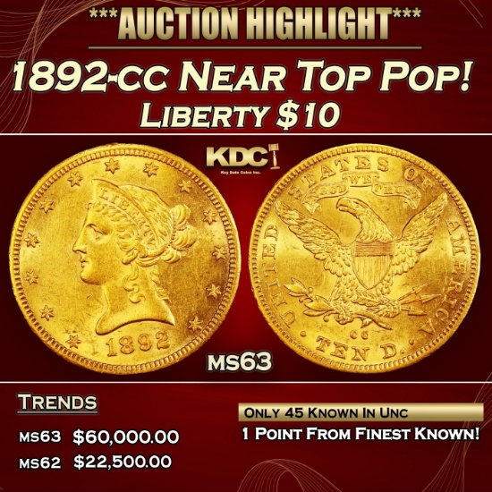 1892-cc Gold Liberty Eagle Near Top Pop! $10 ms63 USCG