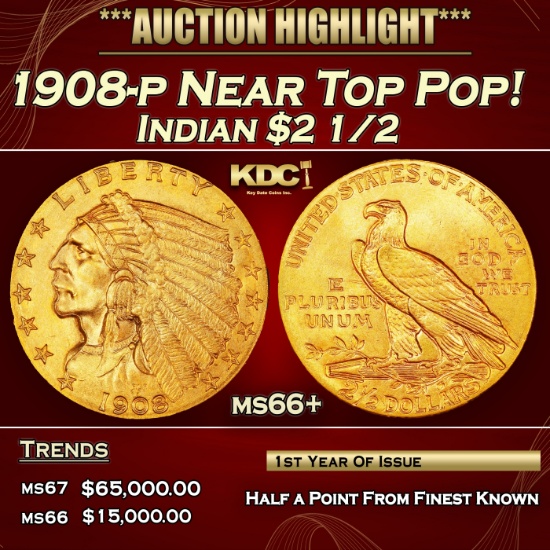 1908-p Gold Indian Quarter Eagle Near Top Pop! $2 1/2 ms66+ USCG