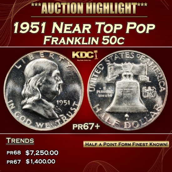 1951 Proof Franklin Half Dollar Near Top Pop 50c pr67+ SEGS