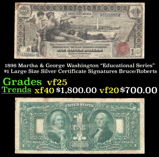 1896 $1 large size Silver Certificate Martha & George Washington "Educational Series" Grades vf+ Sig
