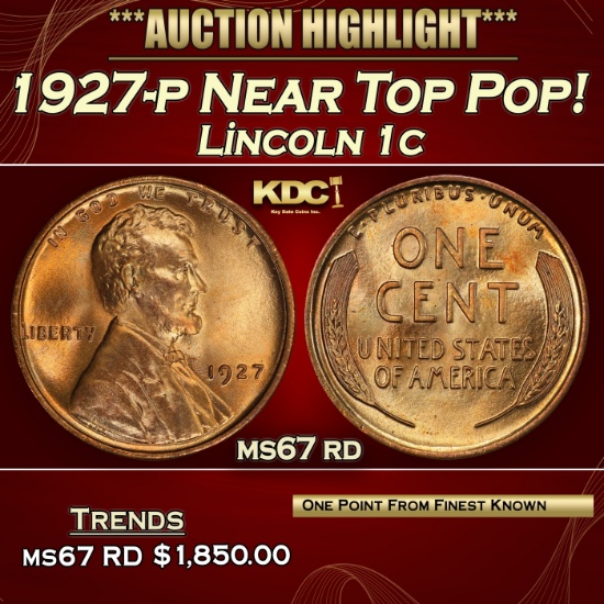 1927-p Lincoln Cent Near Top Pop! 1c ms67 rd SEGS