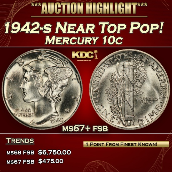 1942-s Mercury Dime Near Top Pop! 10c ms67+ fsb SEGS