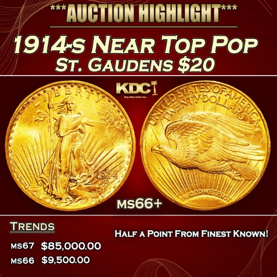 1914-s Gold St. Gaudens Double Eagle Near Top Pop $20 ms66+ SEGS