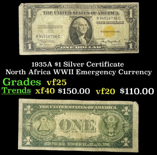 1935A $1 Silver Certificate North Africa WWII Emergency Currency Grades vf+