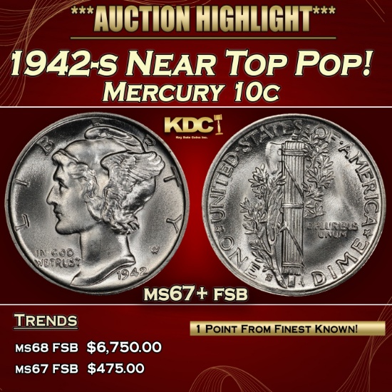 1942-s Mercury Dime Near Top Pop! 10c ms67+ fsb SEGS