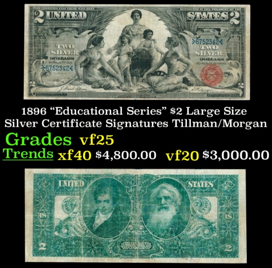 1896 $2 Large Size Silver Certificate "Educational Series" Grades vf+ Signatures Tillman/Morgan