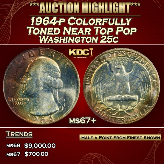 1964-p Washington Quarter Colorfully Toned Near Top Pop 25c ms67+ SEGS