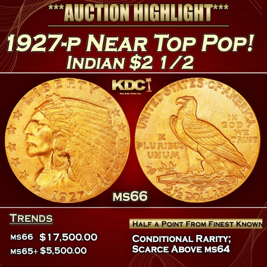 1927-p Gold Indian Quarter Eagle Near Top Pop! $2 1/2 ms66 USCG