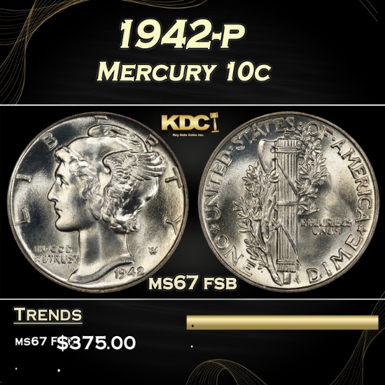 1942-p Mercury Dime 10c ms67 fsb SEGS