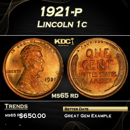 1921-p Lincoln Cent 1c Grades ms65 rd