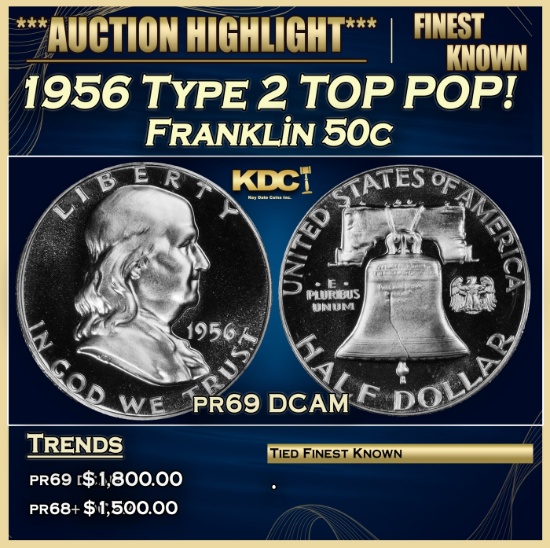 1956 Type 2 Proof Franklin Half Dollar TOP POP! 50c pr69 DCAM SEGS