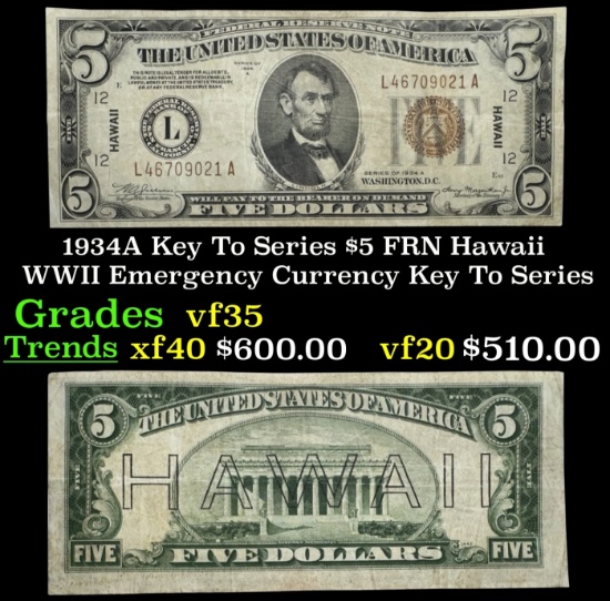 1934A $5 FRN Hawaii WWII Emergency Currency Key To Series Key To Series Grades vf++