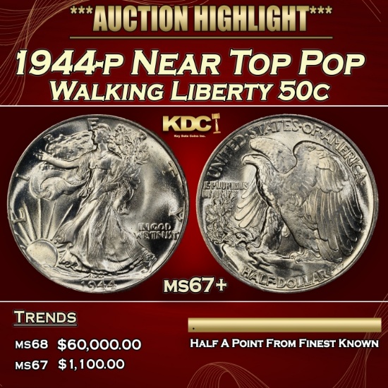 1944-p Walking Liberty Half Dollar Near Top Pop 50c ms67+ SEGS