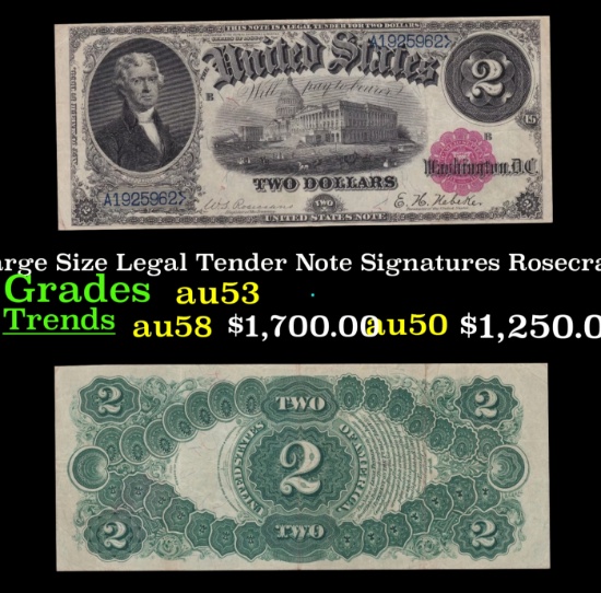 1880 $2 Large Size Legal Tender Note Grades Select AU Signatures Rosecrans/Nebeker