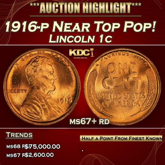 1916-p Lincoln Cent Near Top Pop! 1c ms67+ rd SEGS