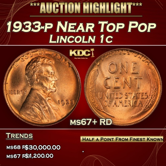 1933-p Lincoln Cent Near Top Pop 1c ms67+ RD SEGS