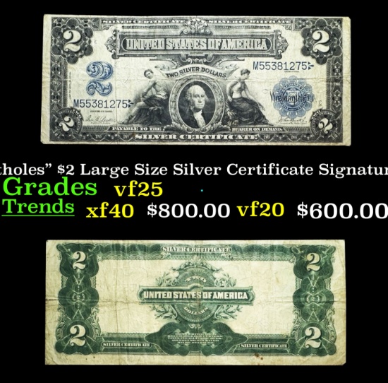 1899 $2 Large Size Silver Certificate "Mini-Portholes" Grades vf+ Signatures Parker/Burke
