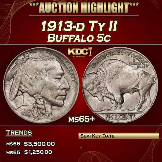 1913-d Ty II Buffalo Nickel 5c ms65+ SEGS