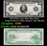 1914 $20 Large Size Blue Seal Federal Resrve Note Boston, MA Grades xf FR-965