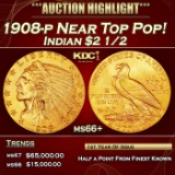 1908-p Gold Indian Quarter Eagle Near Top Pop! $2 1/2 ms66+ USCG