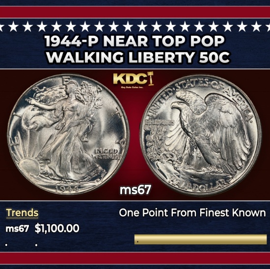 1944-p Walking Liberty Half Dollar Near Top Pop 50c ms67 SEGS