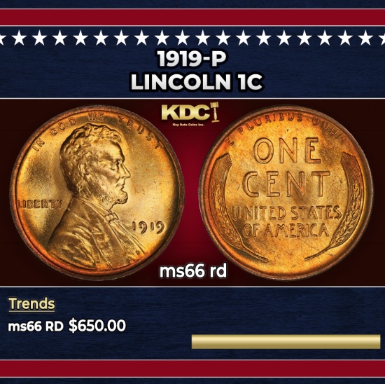 1919-p Lincoln Cent 1c Grades ms66 rd