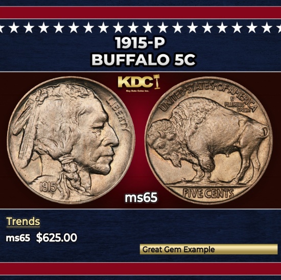 1915-p Buffalo Nickel 5c Grades ms65