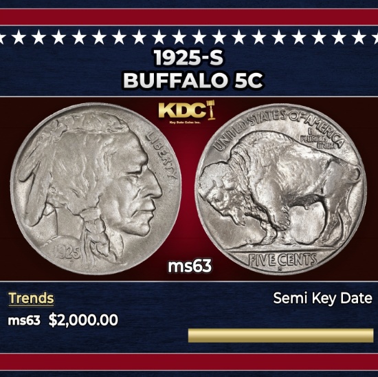 1925-s Buffalo Nickel 5c ms63 USCG