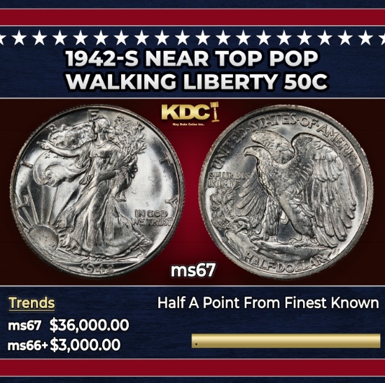 1942-s Walking Liberty Half Dollar Near Top Pop 50c ms67 SEGS