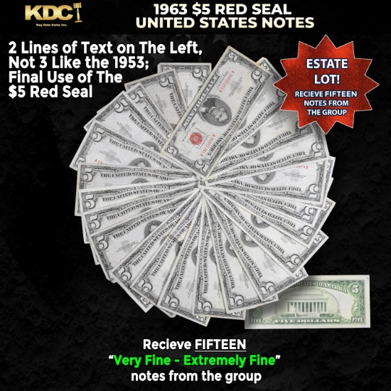 15x 1963 $5 Red Seal United States Note Grades VF/XF