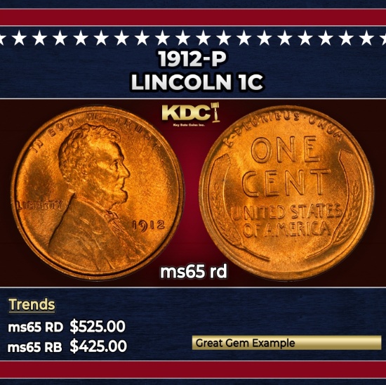 1912-p Lincoln Cent 1c Grades ms65 rd