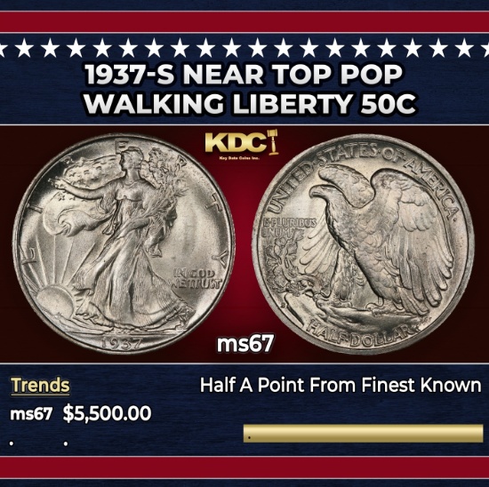 1937-s Walking Liberty Half Dollar Near Top Pop 50c ms67 SEGS