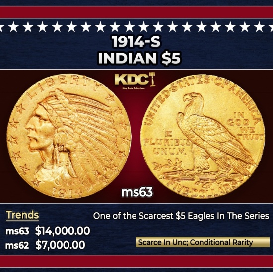 1914-s Gold Indian Half Eagle $5 ms63 USCG