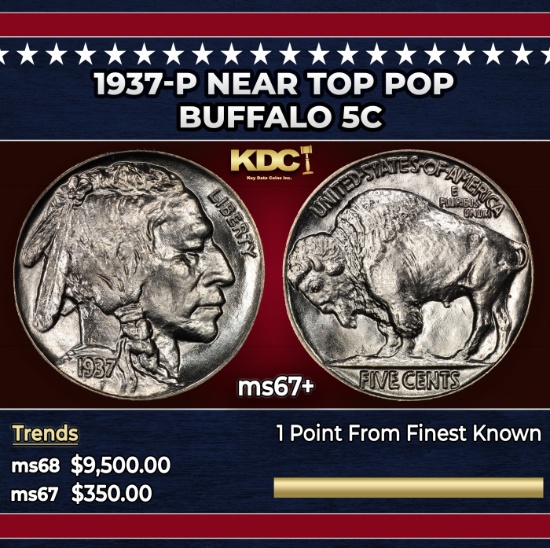 1937-p Buffalo Nickel Near Top Pop 5c ms67+ SEGS