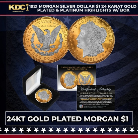 1921 Morgan Silver Dollar $1 24 Karat Gold Plated & Platinum Highlights w/ Box Other Toy