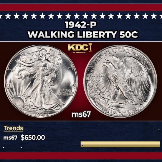 1942-p Walking Liberty Half Dollar 50c ms67 SEGS