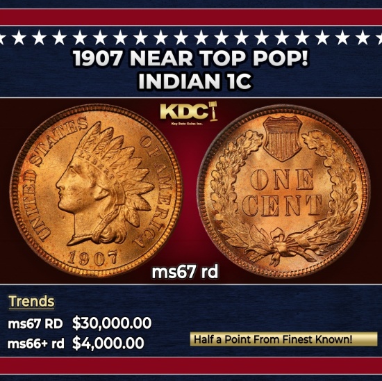 1907 Indian Cent Near Top Pop! 1c ms67 rd SEGS
