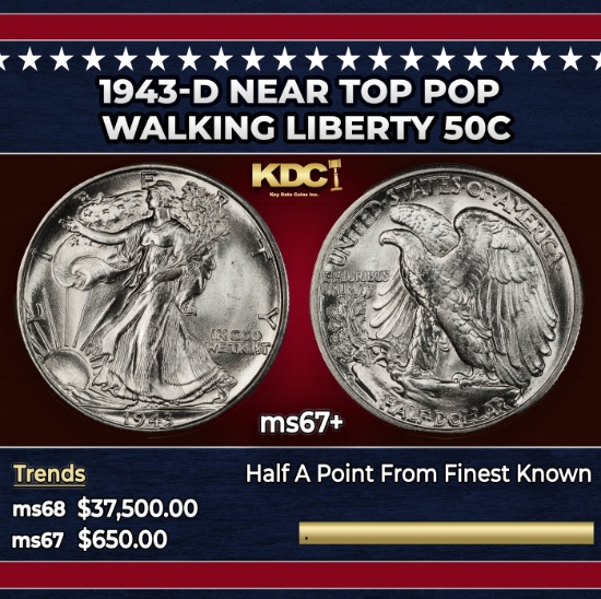 1943-d Walking Liberty Half Dollar Near Top Pop 50c ms67+ SEGS